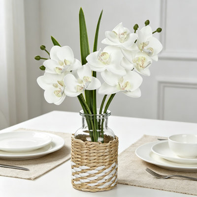 White Orchids Artificial Flowers with Vase, Small Faux Orchid Arrangement in Hand-Woven Jute Wrapped Glass Vase, Lifelike Silk Orchid Centerpiece for Kitchen Dining Table Bathroom Nightstand Home Decor
