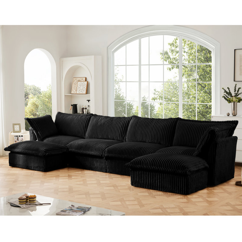 Canapé, repose-pieds en chenille, 3, H 34,6 po x l 120 po x P 33 po, Velours côtelé noir