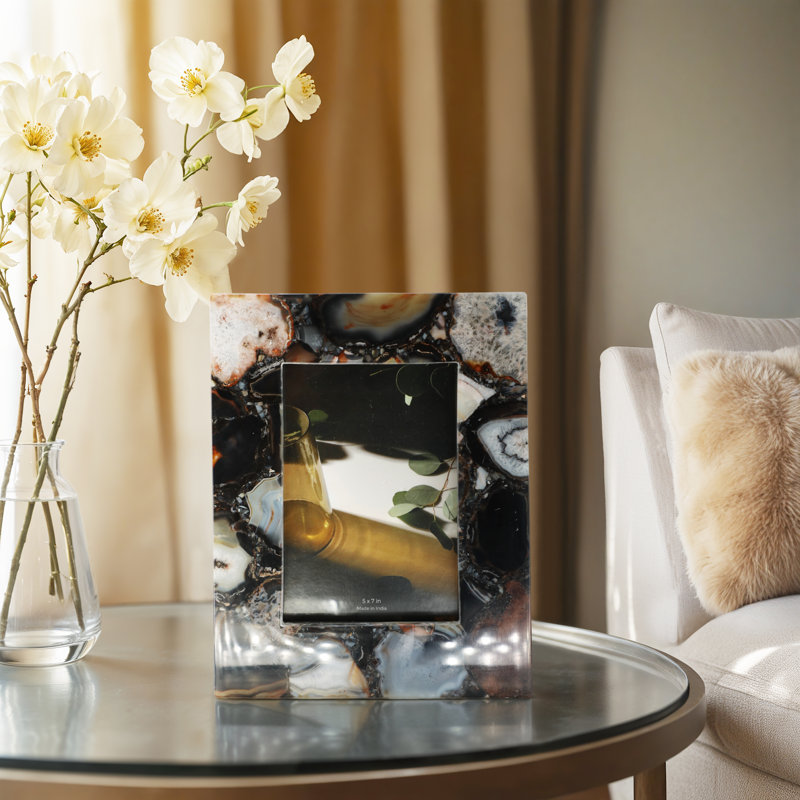 Modern Selenite Picture Frame for Tabletop Display - Decorative Photo Frame for Bedroom, Office, or Home Decor - Black, Black