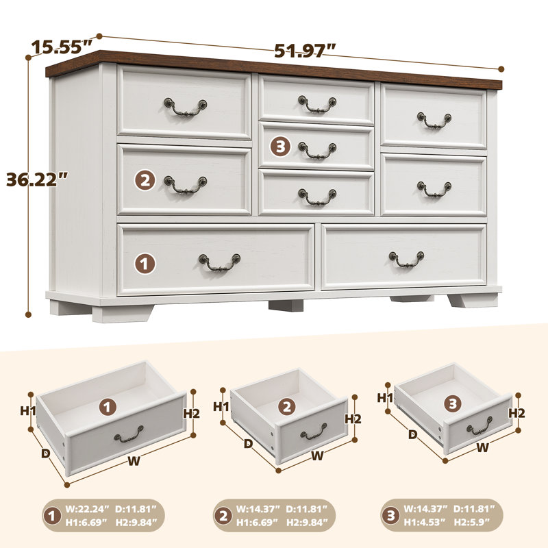 Dresser For Bedroom With 9 Drawers, Antique White