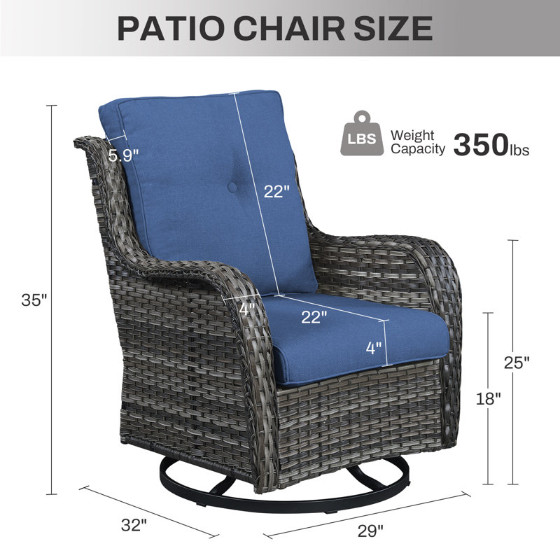 Ensemble de fauteuil oscillant pivotant en osier Wendye avec coussins en oléfine résistants à l'eau, Bleu, Gris