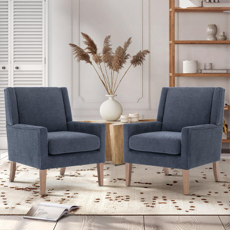 Ayran Upholstered Wingback Armchair with Solid Wood Legs (Set of 2), Blue Fabric