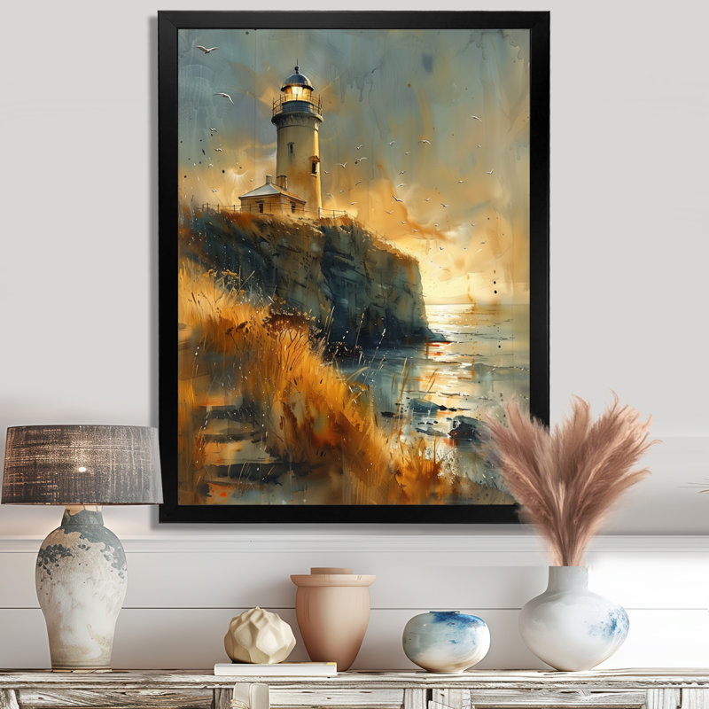 Gris, gris, orage, phare, falaise, été, phare, art mural, salon, Cadre simple noir, H 24 po x l 32 po