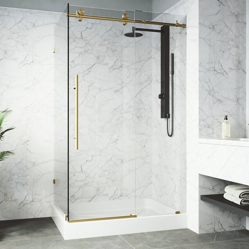 Cabine de douche coulissante sans cadre avec verre transparent de 3/8 po et base Elan classe E 48 po x P 36 po x H 82 po