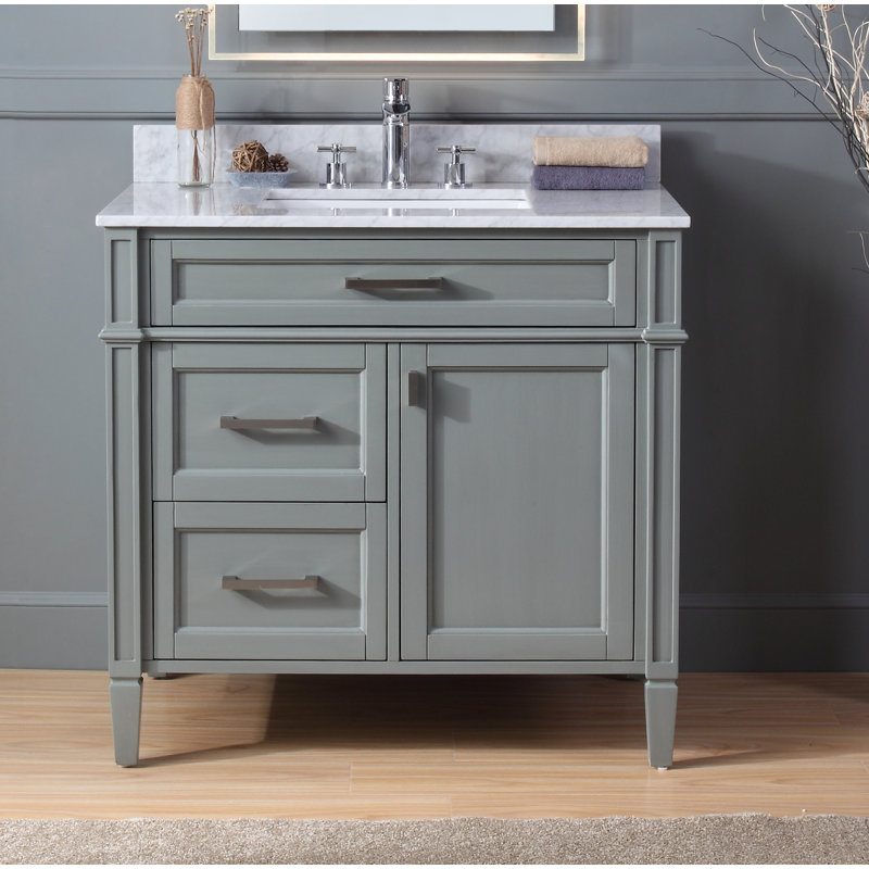Tennant Brand 36 Inch Modern Freestanding Gray Durand Bathroom Vanity, Single Sink, Carrara Marble Top, Fully Assembled, Gray