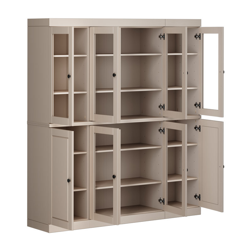 Garde-manger Jango 100% bois massif 65 po avec verre transparent, portes solides et tablettes réglables, Beige