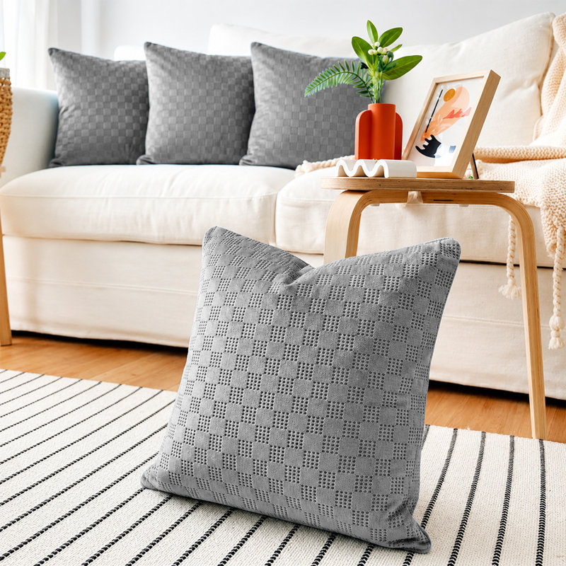 Luxury Check Velvet Cushion Covers Set Of 4 Soft Throw cases , Grey