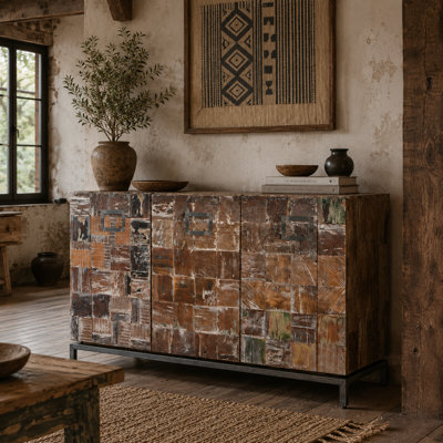 Braun Reclaimed Solid Wood Sideboard with Iron Base – 3 Door Rustic Storage Cabinet 