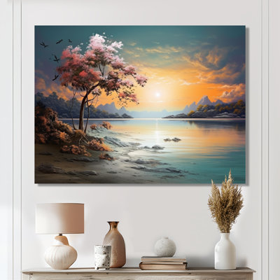 Fleur de cerisier au coucher du soleil sur le lac - salon d'art mural plage et océan