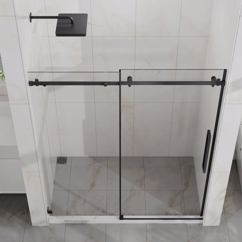 60"W X 72"H Sliding Opening Shower Door  - Frameless Design Sleek Style Shower Door  - 1/4" (6Mm) Thick Clear Tempered Glass With With Easy-Clean Coating Function, Stainless Steel Hardware