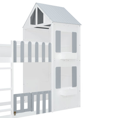 Lit superposé simple au-dessus d'un lit simple avec lumières à DEL, casiers de rangement et barrières de sécurité verrouillables, lit maison en bois avec fenêtre de toit décorative