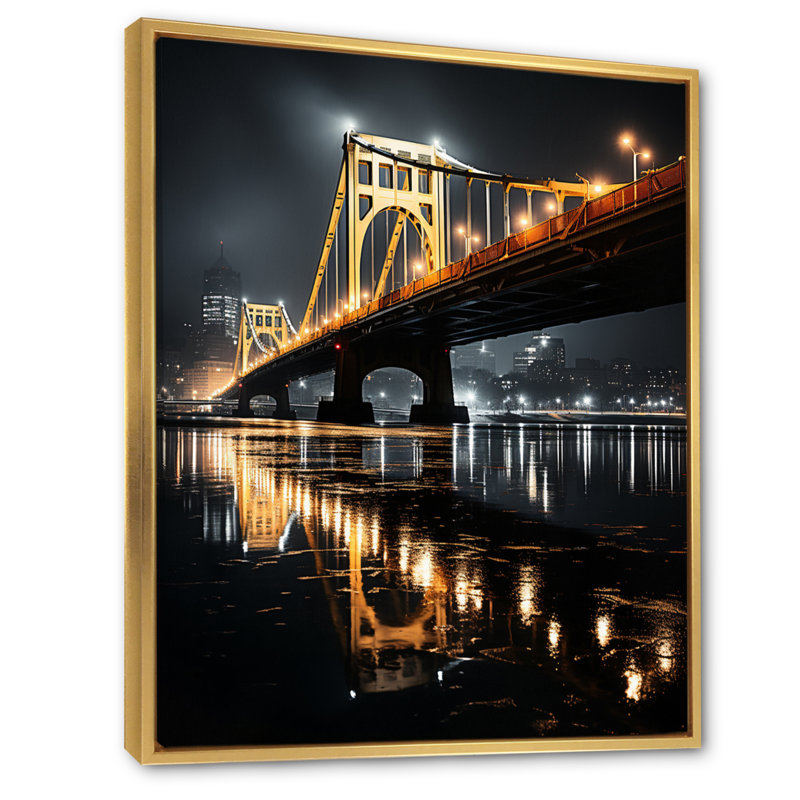 Pittsburgh, magnifique paysage urbain de nuit - art mural de Pittsburgh, H 20 po x l 12 po x P 1 po, Cadre flottant doré