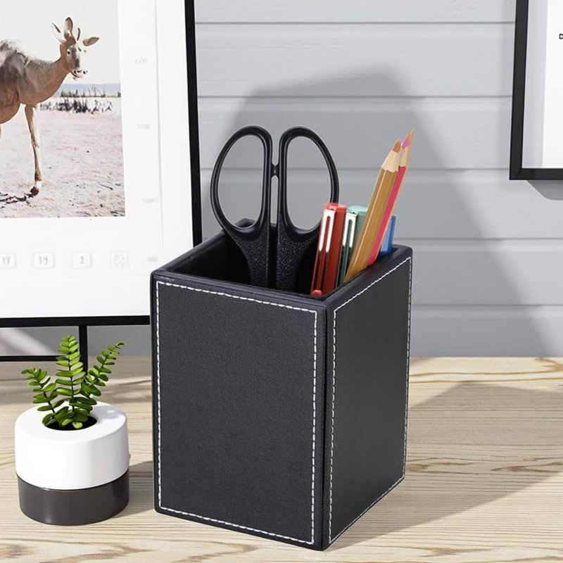 Porte-stylos et porte-crayons carrés en cuir PU, étui de rangement pour fournitures de bureau, boîte de rangement pour accessoires de bureau (noir)
