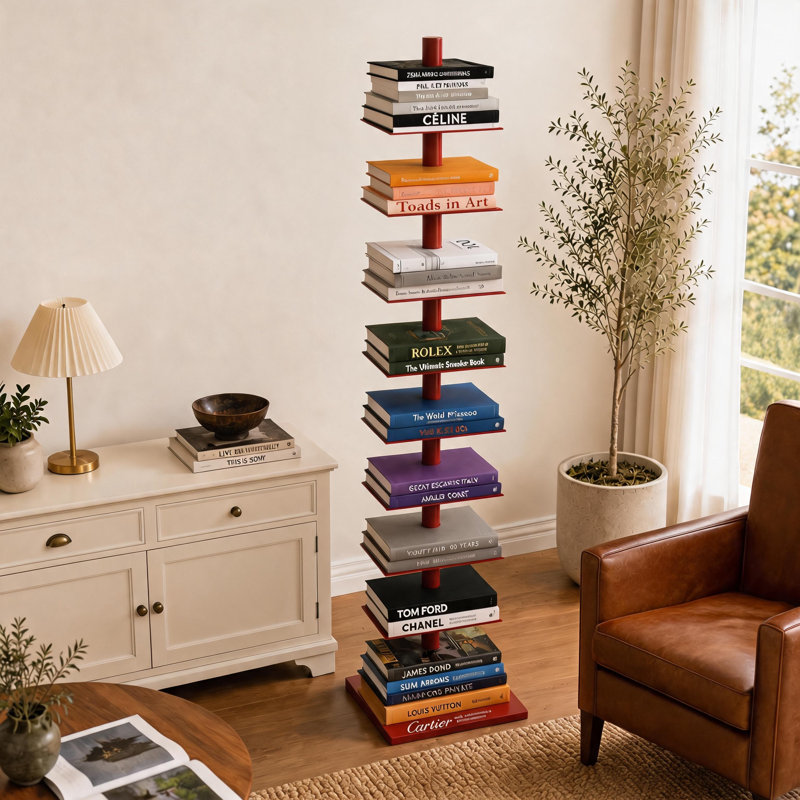 9 Tier Bookshelf, Vertical Corner Shelf With Modern Invisible Spine Ladder, Red