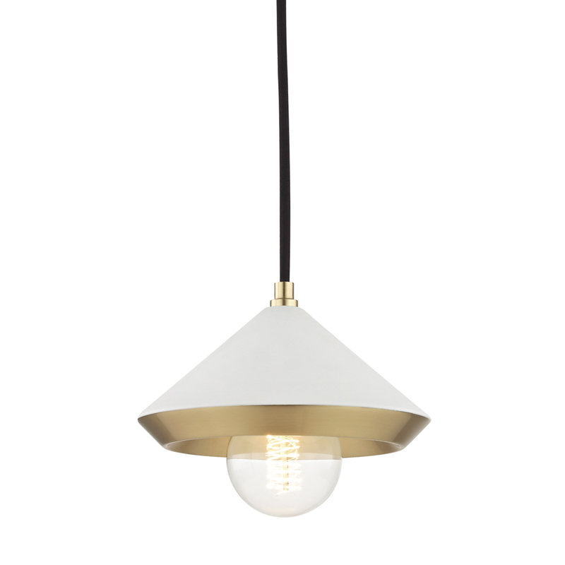 Luminaire suspendu conique à 1 lumière Marnie, Laiton vieilli, Blanc, H 4,75 po x l 8 po x P 8 po