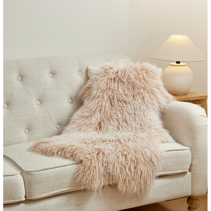 MONGOLIAN LAMB Sheepskin Throw Blanket, Beige