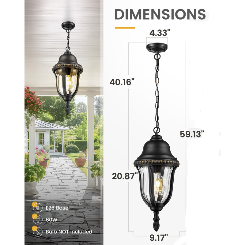 21" Outdoor Pendant Lights Hanging Lantern Light With Matte Black Finish Striped Glass