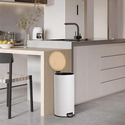 Poubelle à pédale 30 litres / 8 gallons avec couvercle en bambou, poubelle ronde en acier inoxydable