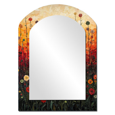 Red Sunset Wildflowers Glory I - miroir en arc Wildflowers, miroir mural asymétrique blanc unique, impression d'art en métal