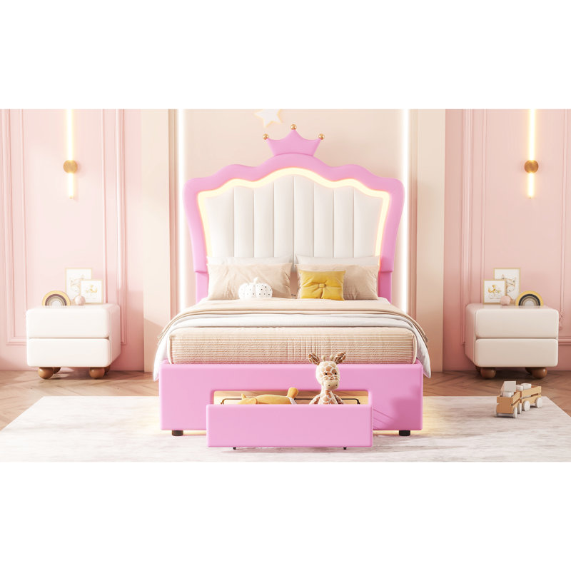 Structure de lit simple tapissier avec lumières à DEL et tiroir, tête de lit couronne moderne, rose et blanc, plateforme plate sans bruit, calme stable