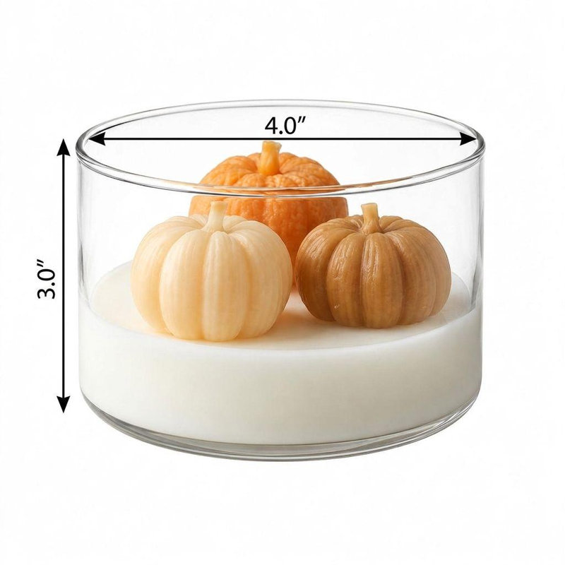 Bougies miniatures de 10 cm (4 pouces) parfumées à la pomme et à la citrouille, marron, orange et blanche, dans un pot en verre transparent