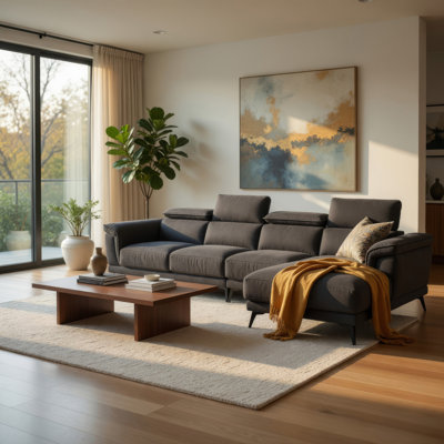 Canapé modulaire Panie, appuis-tête réglables, tissu gris, 125 po