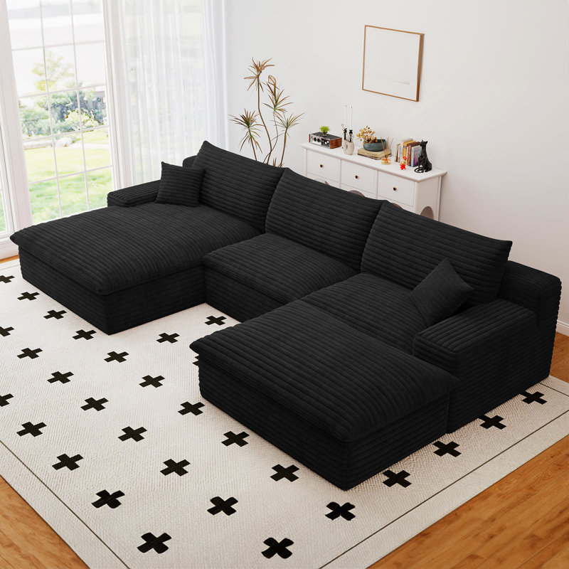 Boneless Boneless Couch,Modular U-Shaped Sectional Sofa,106-Inch 4-Seater Chaise Lounge With Reversible Design, Striped Corduroy Fabric In BLACK – Customizable Living Room Or Bedroom Couch, Freely Configurable Layout.