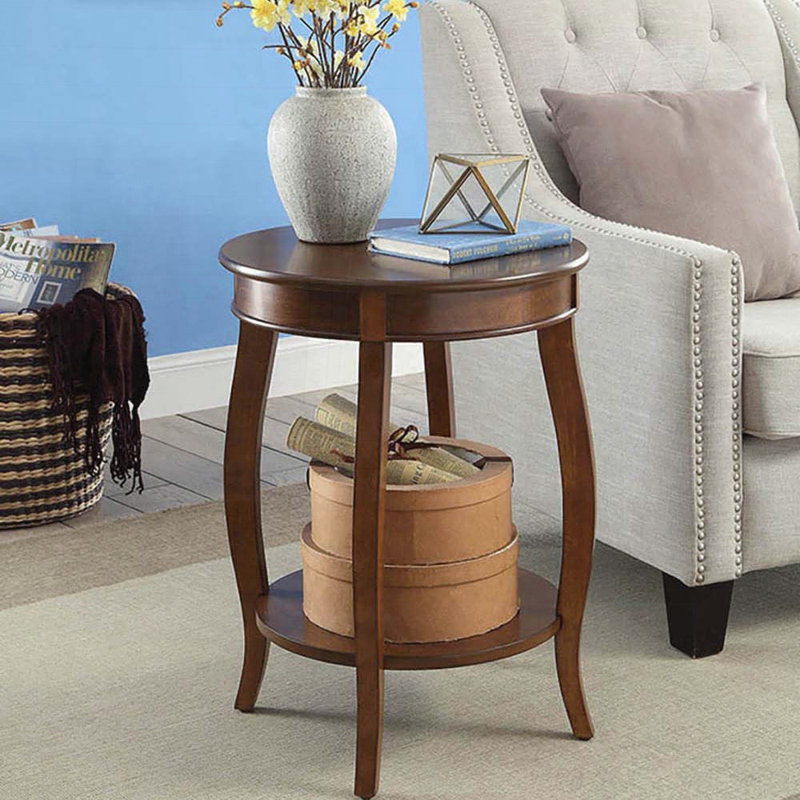 Walnut Round Side Table with Bottom Shelf and Cabriole Legs, Brown
