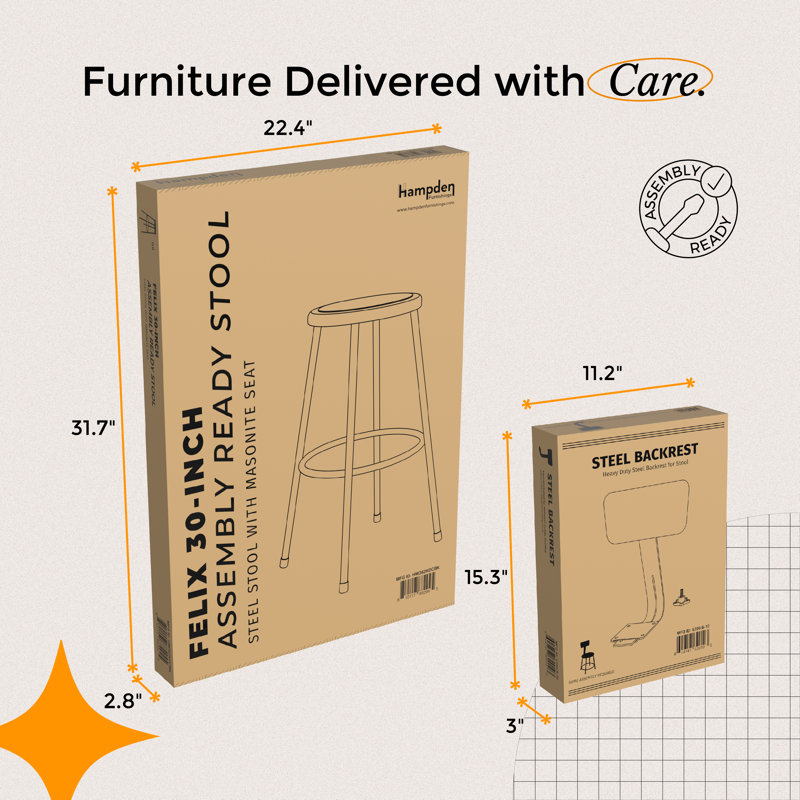 Tabouret en acier avec dossier Felix, prêt à assembler, Noir, Noir / brun, Tabouret de bar (siège d'une hauteur de 30 po)