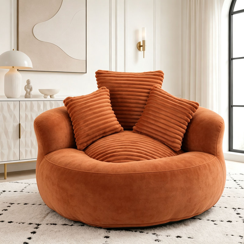 Pouf individuel avec 3 coussins et accoudoirs, Velours côtelé orange