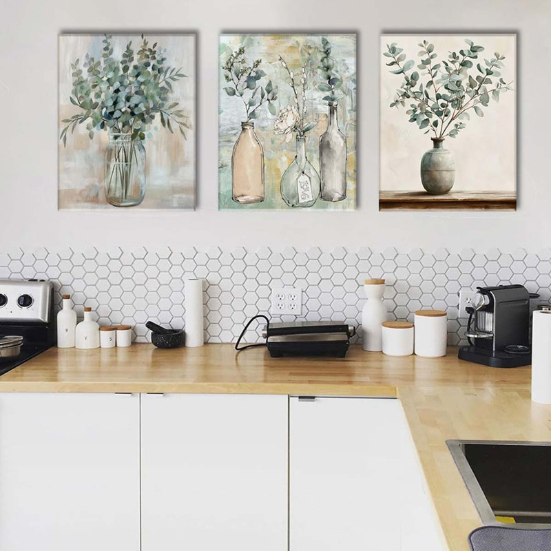 40*30,3 Piece Sage Green Eucalyptus Vase Canvas Wall Art For Kitchen Boho Botanical Framed Wall Art., 60 cm H x 40 cm W