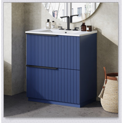 Meuble-lavabo autoportant de 30 pouces avec lavabo en céramique, tiroirs pleine extension et conception cannelée pour un rangement élégant