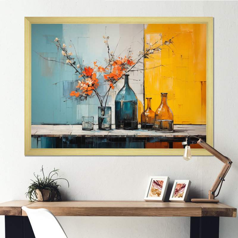 Vase audacieux jaune sarcelle sur toile Mid Century, Cadre doré à une seule photo, H 24 po x l 32 po x P 1 po