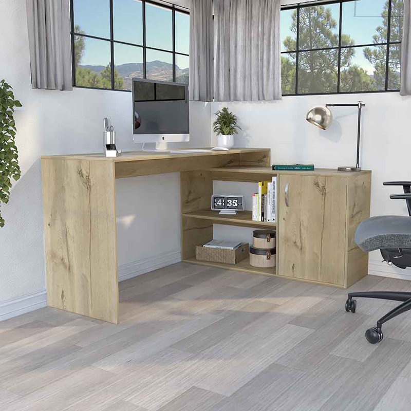 Bureau d'ordinateur en L avec rangement ouvert et fermé Kailiyah, Beige