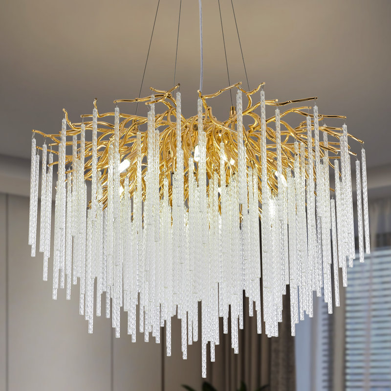 Lustre moderne en forme de branche de cristal en glaçon, H 18,5 po x l 24 po x P 24 po, Doré
