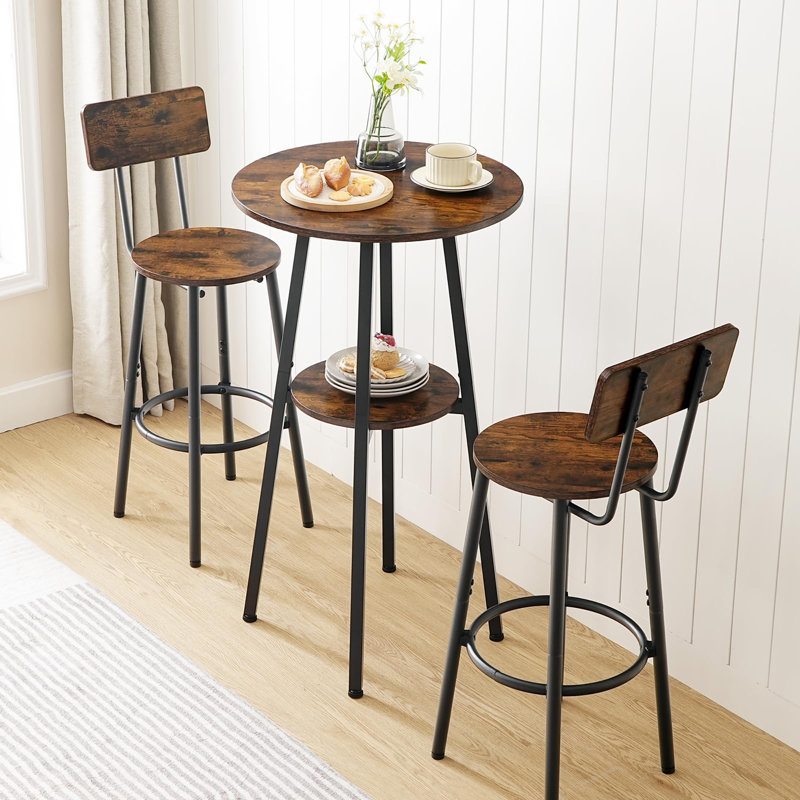 Ensemble de 3 tables de bar rondes noires pour 3 avec rangement, Brun, Brun