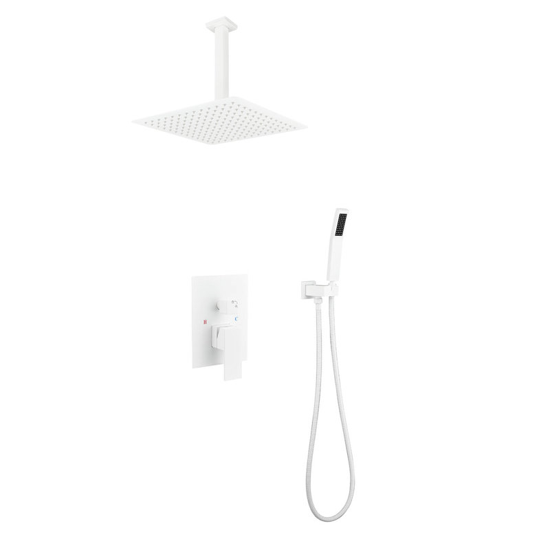 Ceiling Mounted 16" Shower Configuration - Air Injection Delivers Wonderful Bathing Experience, Brass & Sus304 Stainless, White Bath Shower, With Head, Hand 59" Hose, Bracket, Valve Mounting