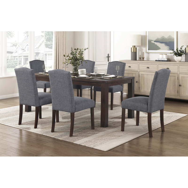 Table moderne avec finition brun foncé 9 pièces et 8 chaises d'appoint rembourrées en tissu, 9 pièces : table, 8 chaises