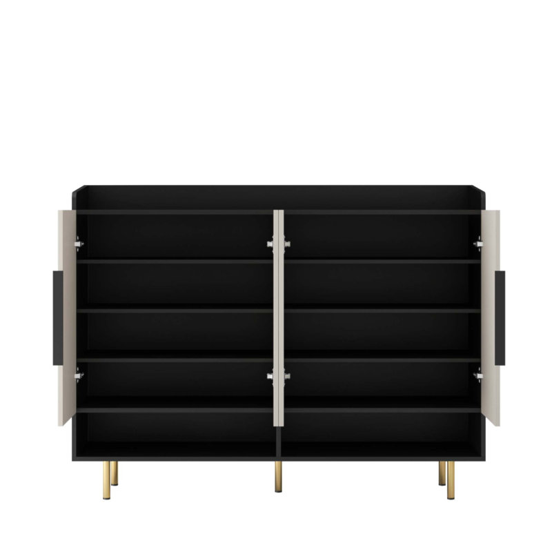  Buffet 55 po, armoire à chaussures 4 portes, crédence de rangement moderne, console de vestibule, noir et jaune clair