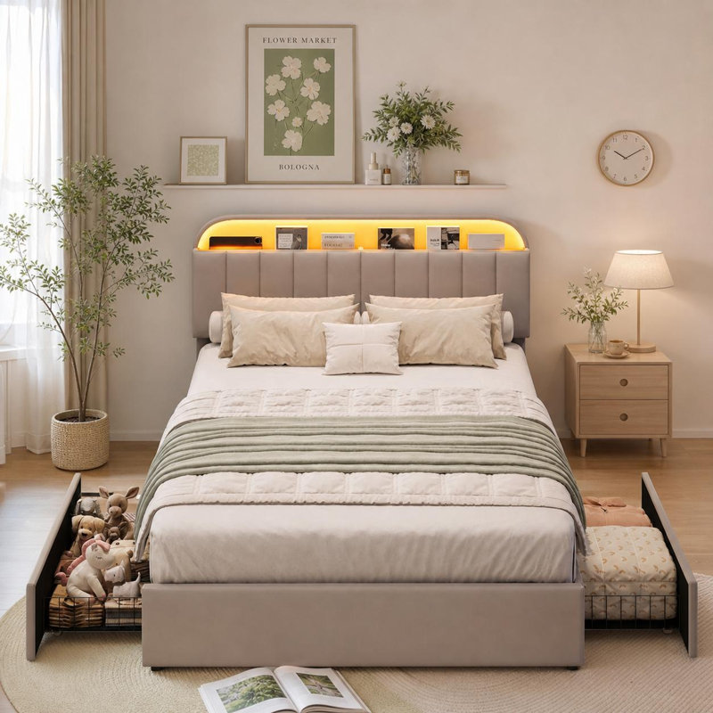 Grand / double / simple lit en velours avec tête de lit réglable et rangement à 2 tiroirs avec plateforme et sommier sans assemblage facile pour la chambre à coucher