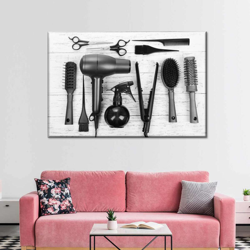 Outils de salon de coiffure noir sur toile, H 8 po x l 12 po x P 1 po