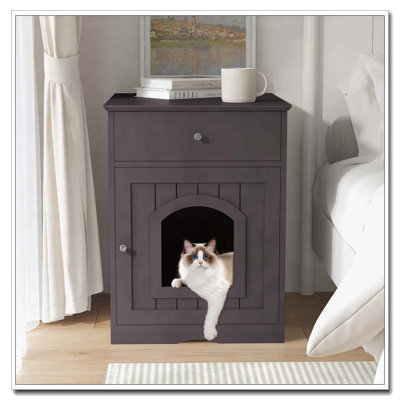Enceinte de litière en bois pour chat avec tiroir et table d'appoint