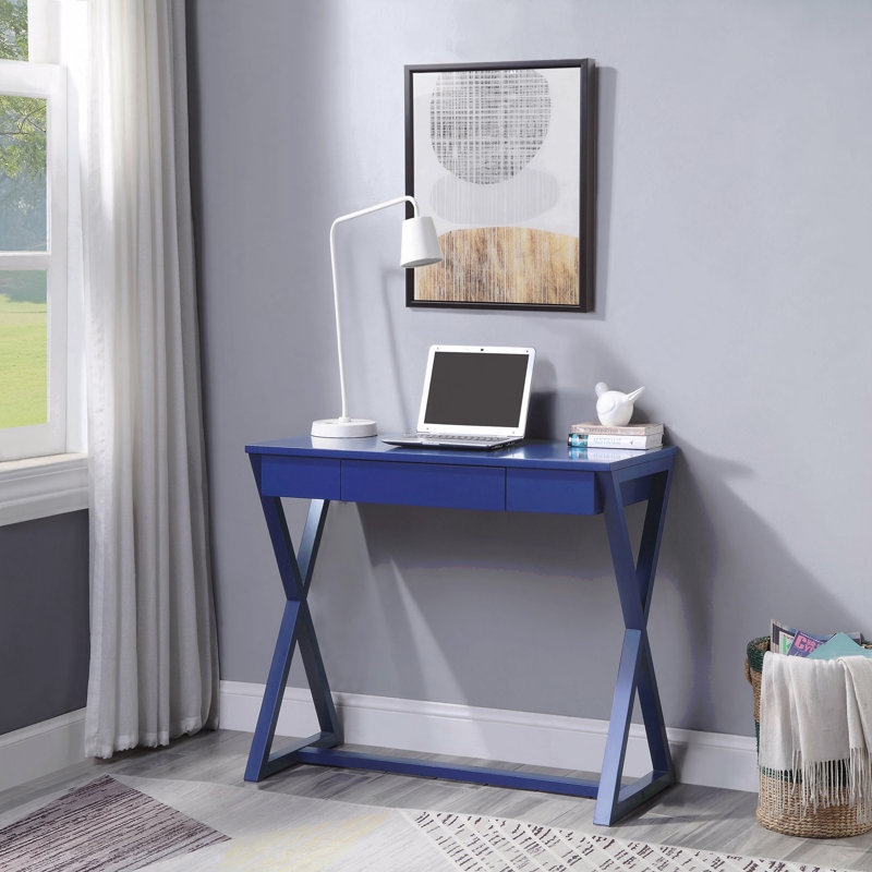 Bureau d'écriture à 1 tiroir, bleu crépuscule avec base en forme de X