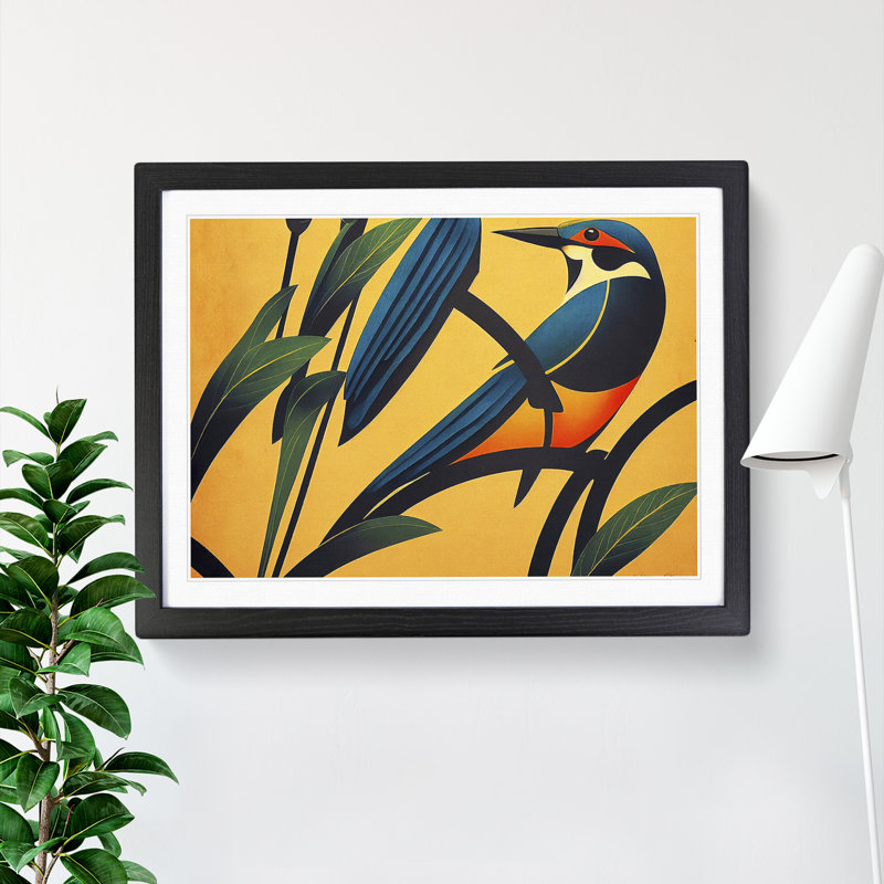 Art Deco Kingfisher - Single Picture Frame Print, 46cm H x 64cm W x 2cm D, Black Framed