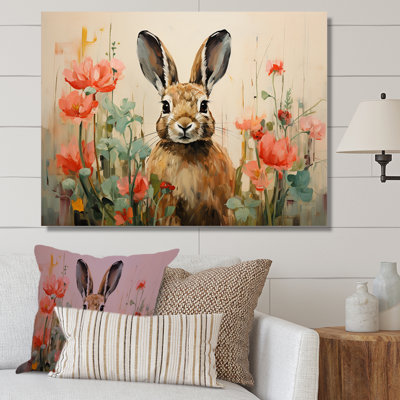Curious Floral Rabbit Meadow I - Lapin, art mural animal