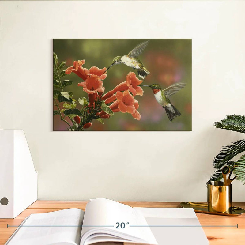 Colibris et fleurs de trompette, H 8 po x l 12 po