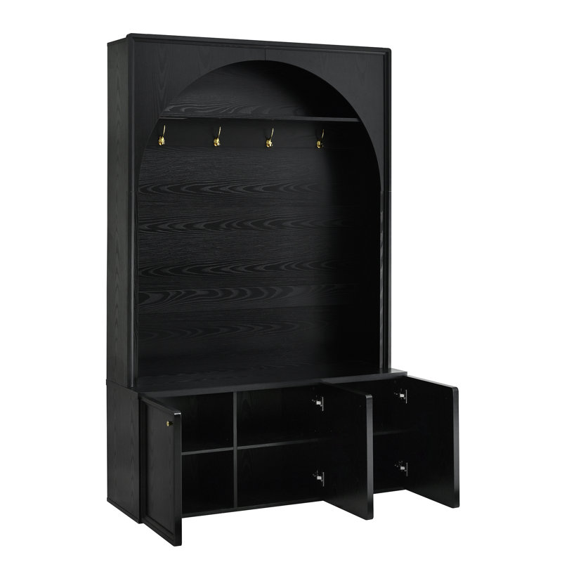 Tamsin Farmhouse All-in-One Arched Hall Tree with Storage Bench, Coat Rack & Adjustable Shelves, Black