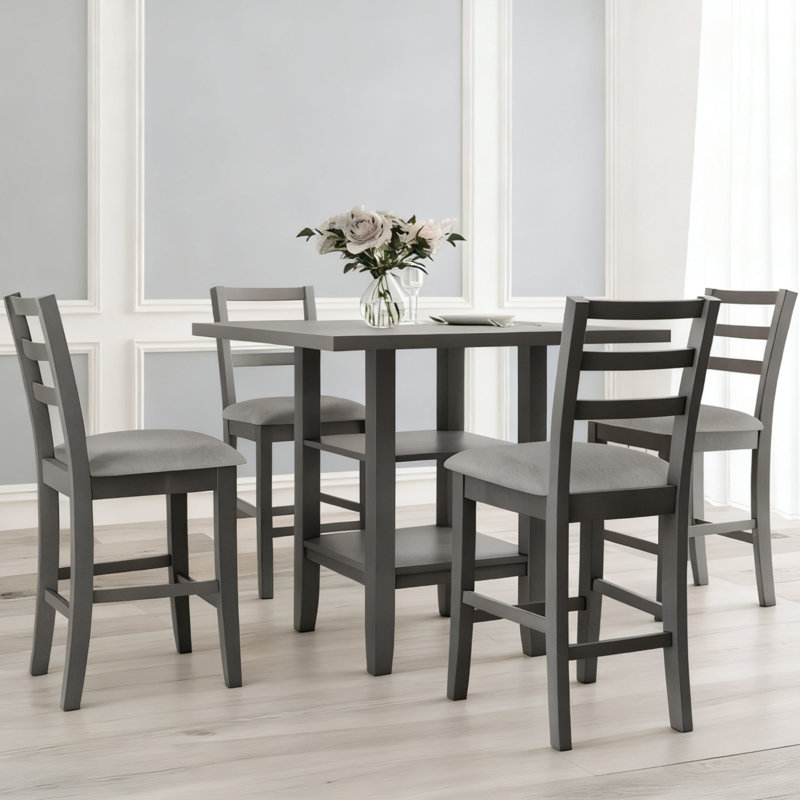 L'ensemble de salle à manger moderne 5 pièces pour 4 personnes comprend une table carrée et 4 chaises de salle à manger en toile de jute grise, une laque espresso chaude et des tablettes cachées à 2 niveaux