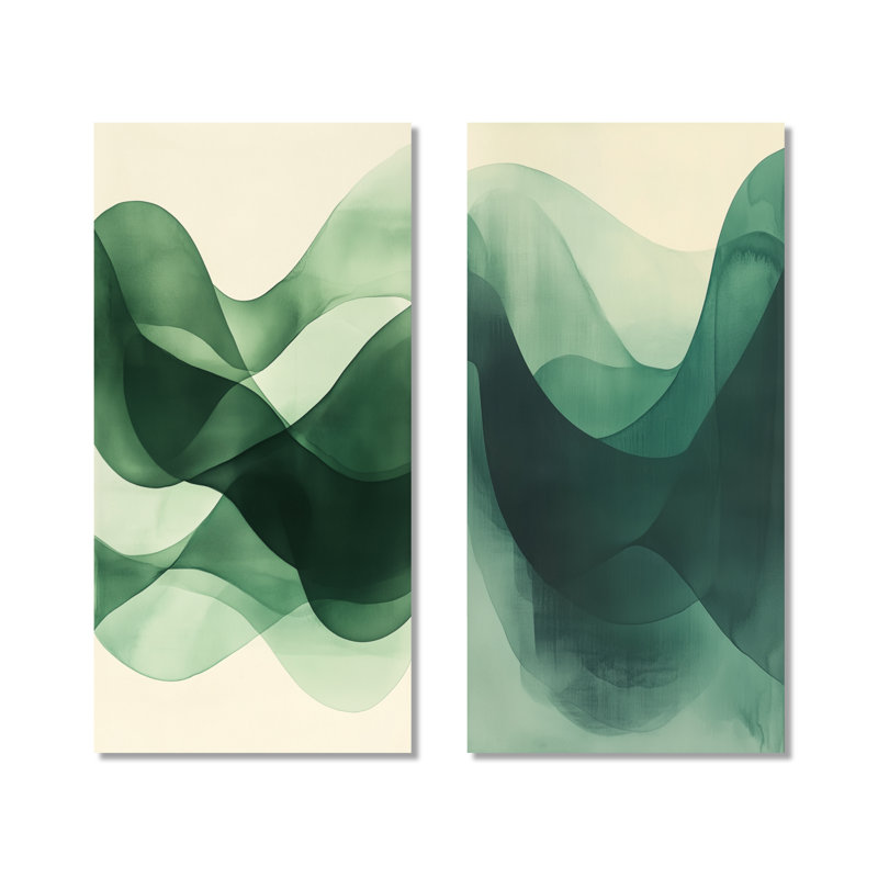 «Green and Beige Minimal Curves», impression d'art contemporain en métal 2 pièces, 32" H x 32" W
