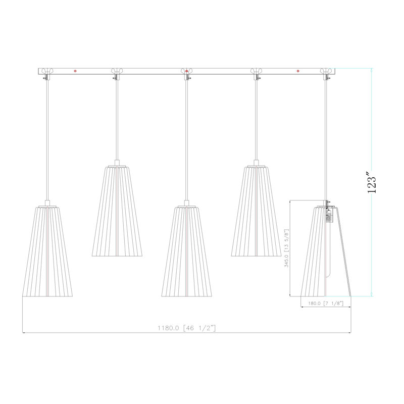 Lustre linéaire à 5 lumières Ceinture, Or, H 13,75 po x l 7,25 po x P 42 po